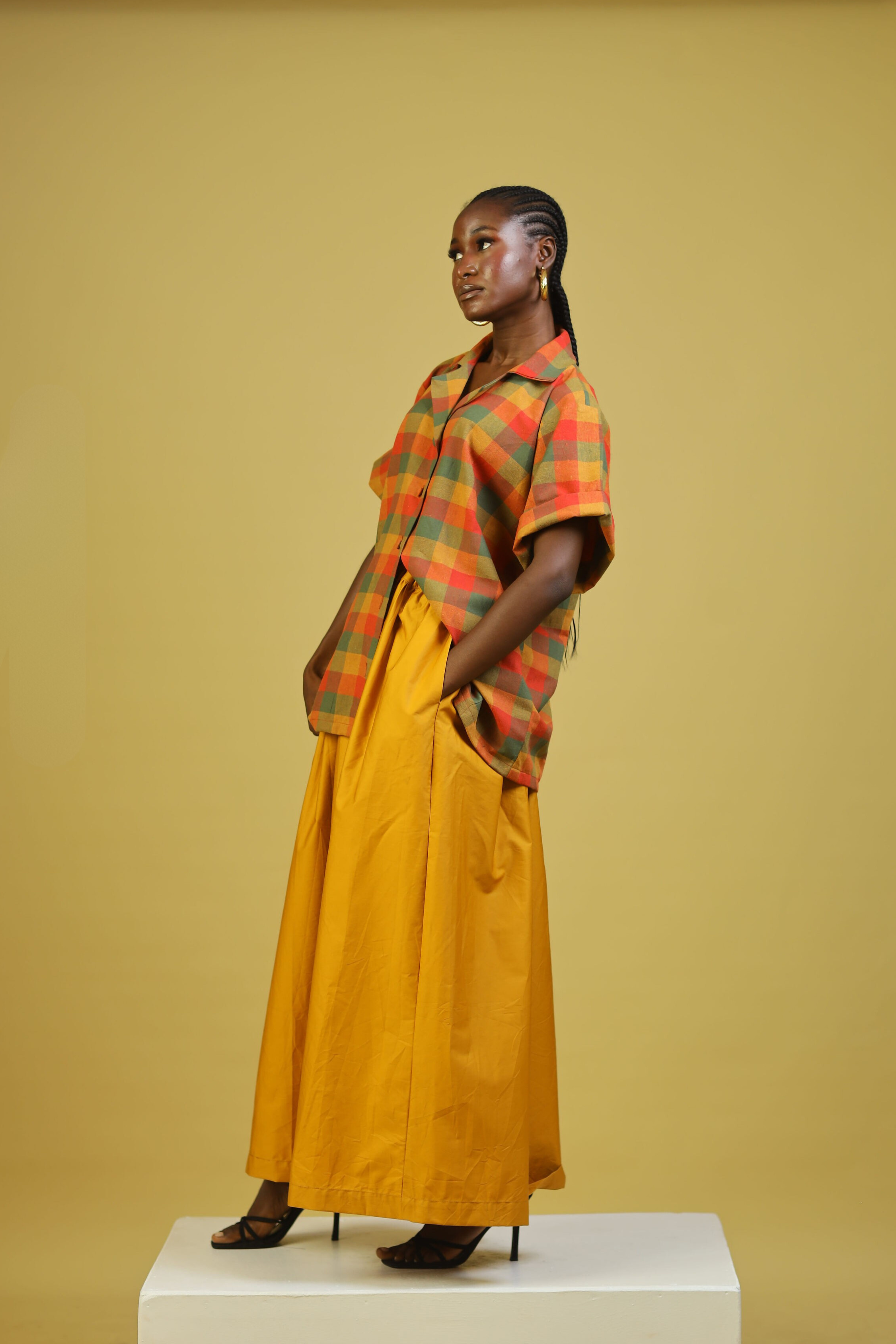 GINGHAM OVER SIZED COTTON SHIRT - MUSTARD YELLOW